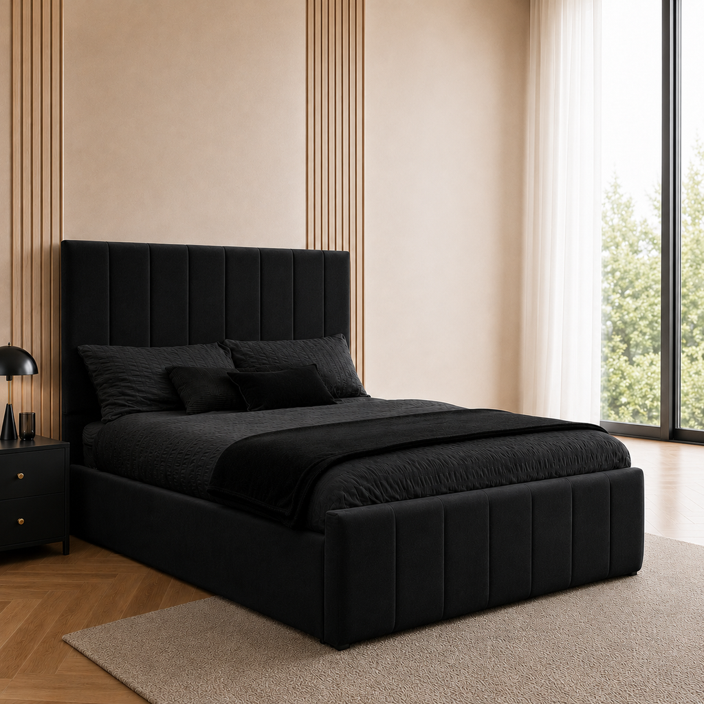 Mayfair Velvet Bed Frame | No Storage | Pinewood Slats | Double & King | Black, Beige, Grey