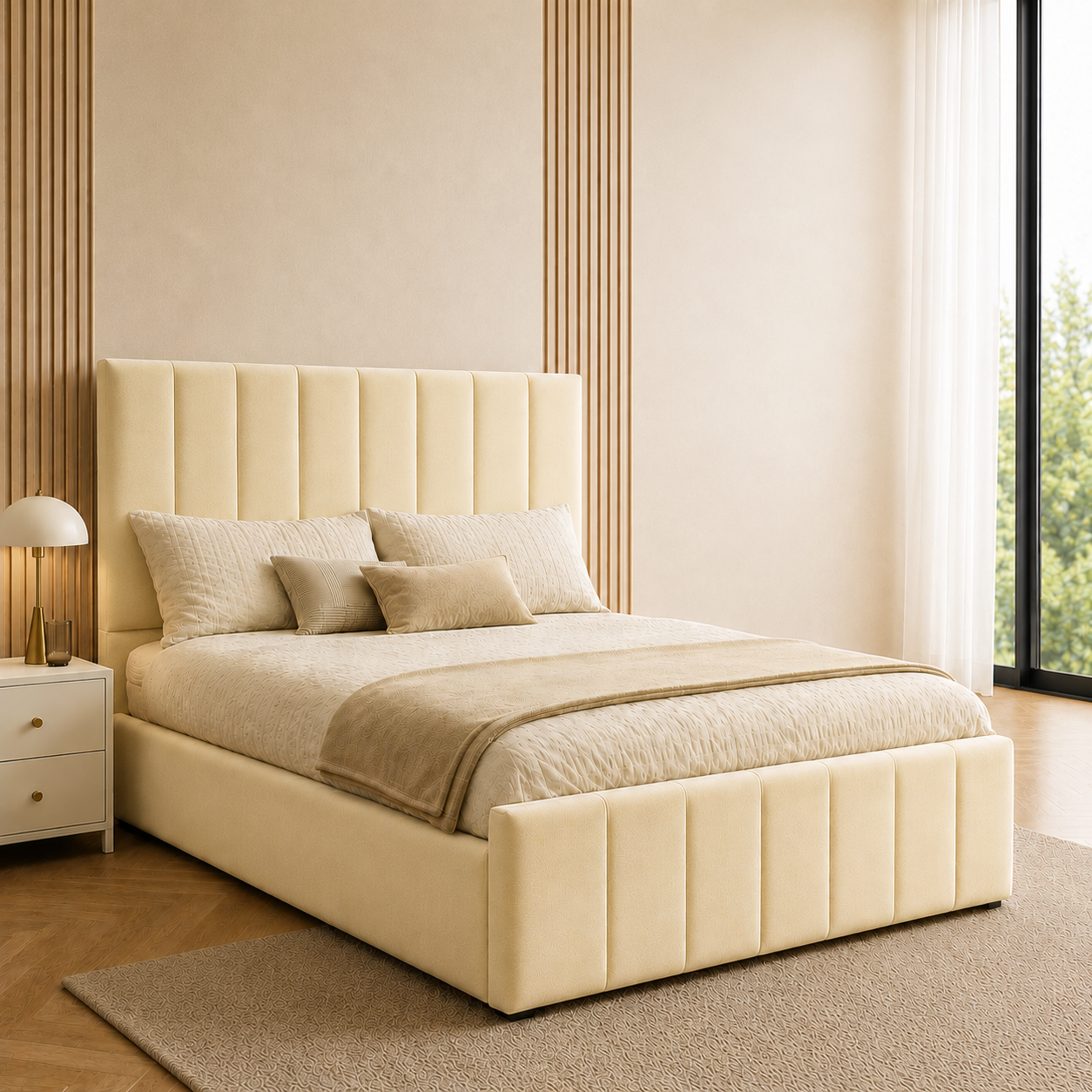 Mayfair Velvet Bed Frame | No Storage | Pinewood Slats | Double & King | Black, Beige, Grey