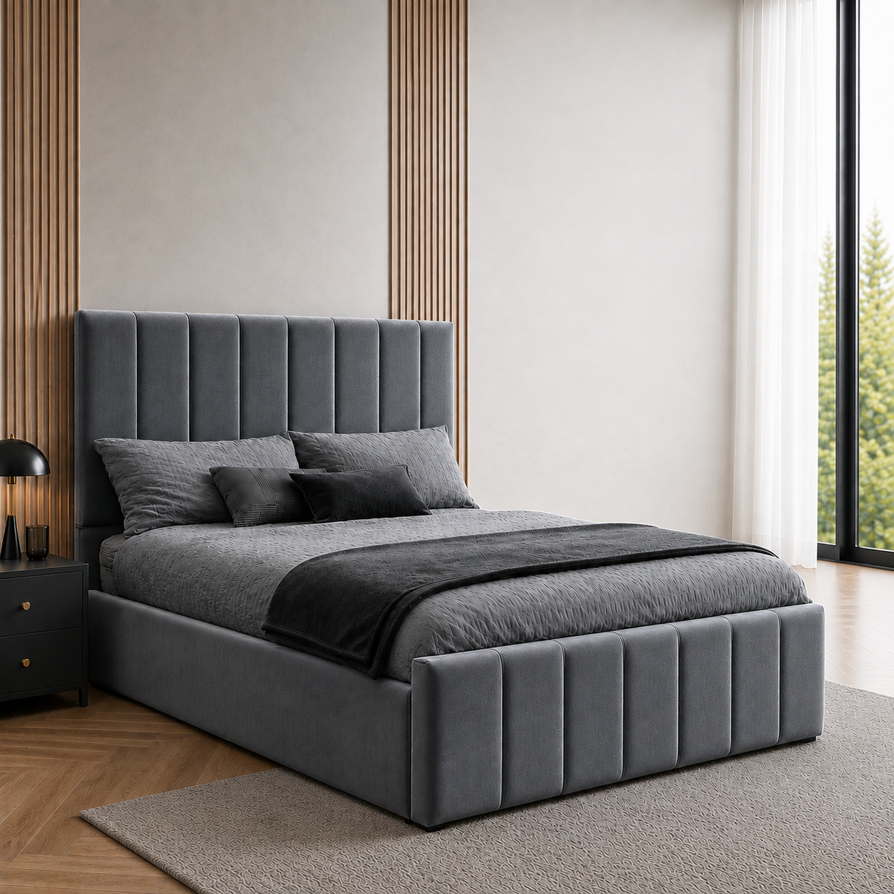 Mayfair Velvet Bed Frame | No Storage | Pinewood Slats | Double & King | Black, Beige, Grey