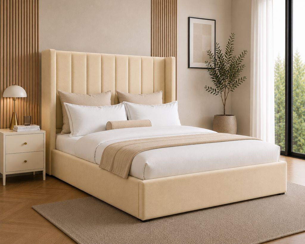 Wingback Panelled Gas Lift Ottoman Bed Frame with Floor Standing Headboard in Plush Velvet (3-Year Warranty)