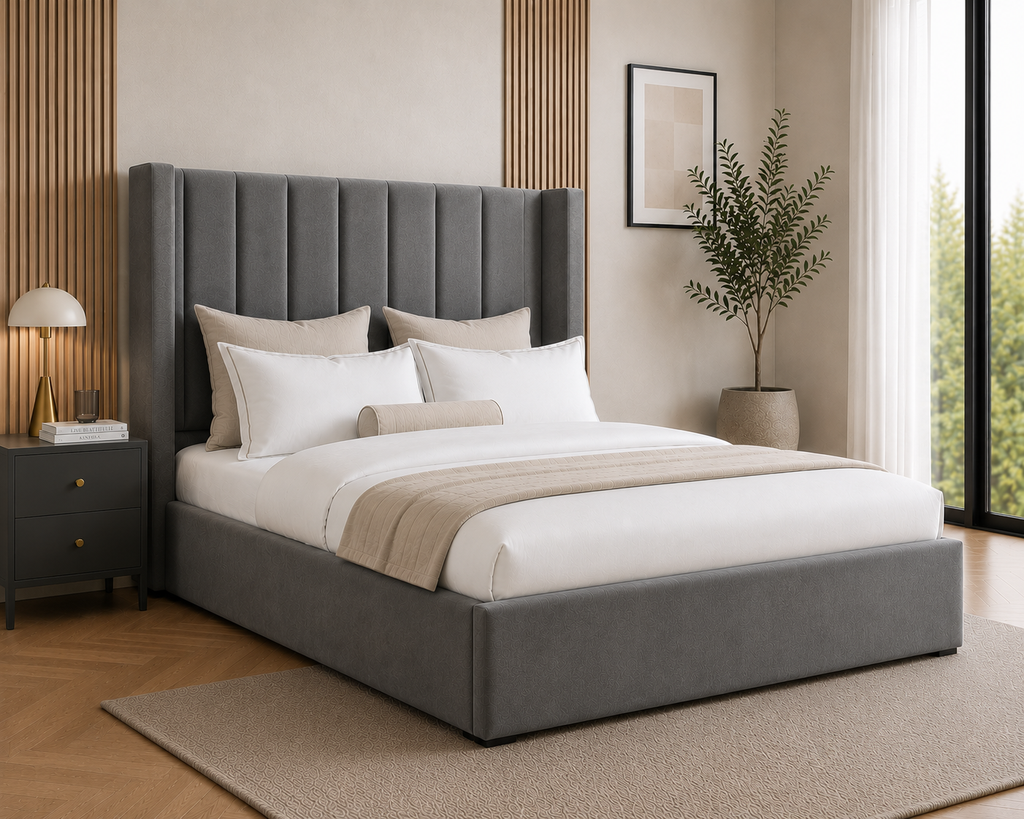 Wingback Panelled Gas Lift Ottoman Bed Frame with Floor Standing Headboard in Plush Velvet (3-Year Warranty)
