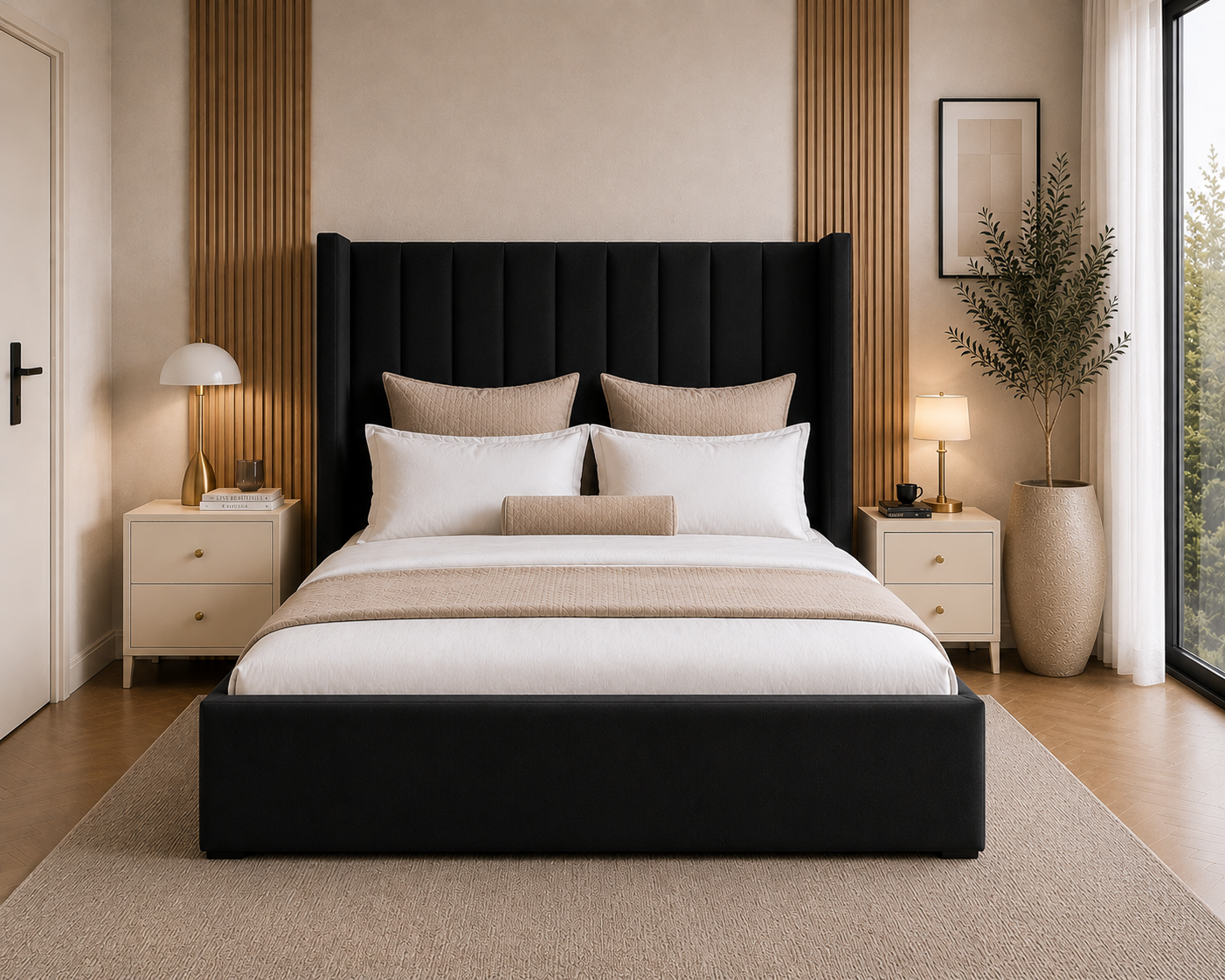 Wingback Panelled Gas Lift Ottoman Bed Frame with Floor Standing Headboard in Plush Velvet (3-Year Warranty)