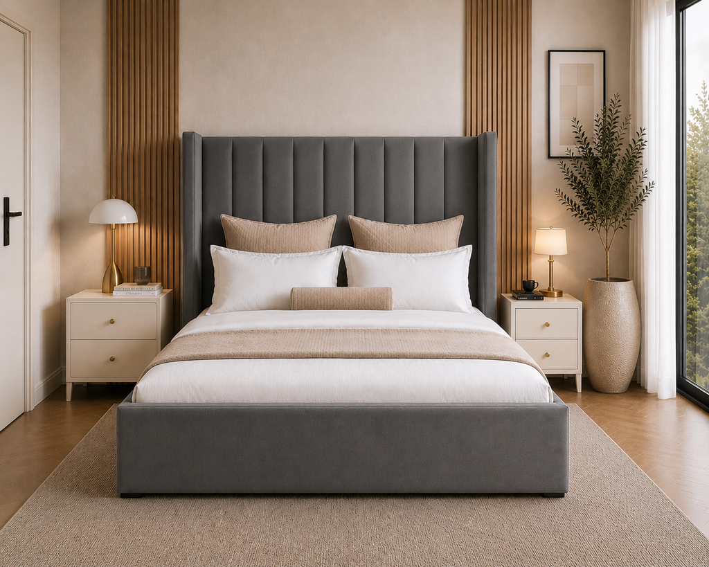 Wingback Panelled Gas Lift Ottoman Bed Frame with Floor Standing Headboard in Plush Velvet (3-Year Warranty)