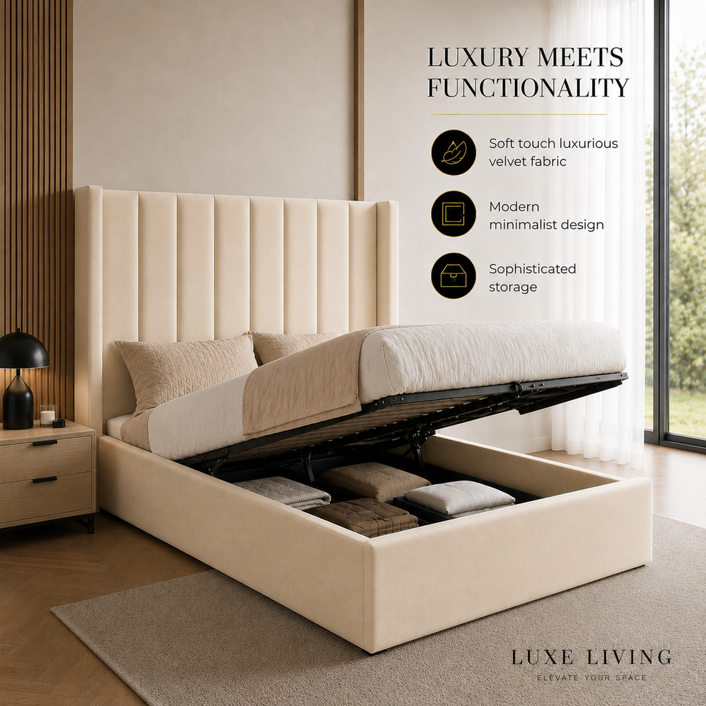 Wingback Panelled Gas Lift Ottoman Bed Frame with Floor Standing Headboard in Plush Velvet (3-Year Warranty)