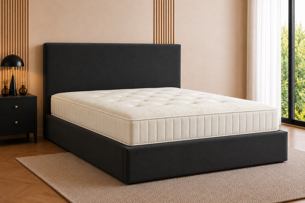 Panelled Gas Lift Ottoman Bed Frame with Floor Standing Headboard in Plush Velvet (3-Year Warranty)