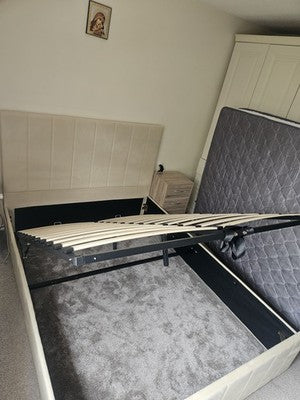 Panelled Gas Lift Ottoman Bed Frame with Floor Standing Headboard in Plush Velvet (3-Year Warranty)